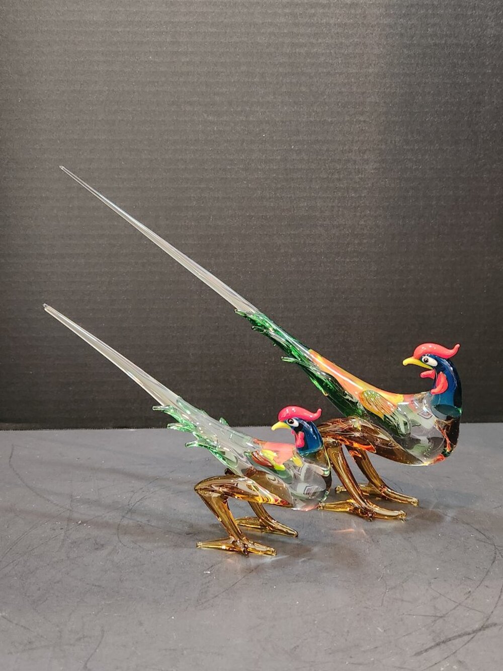 Vintage MCM PAIR of Murano-Style Hand-Blown Glass Long-Tail Pheasant Figurines